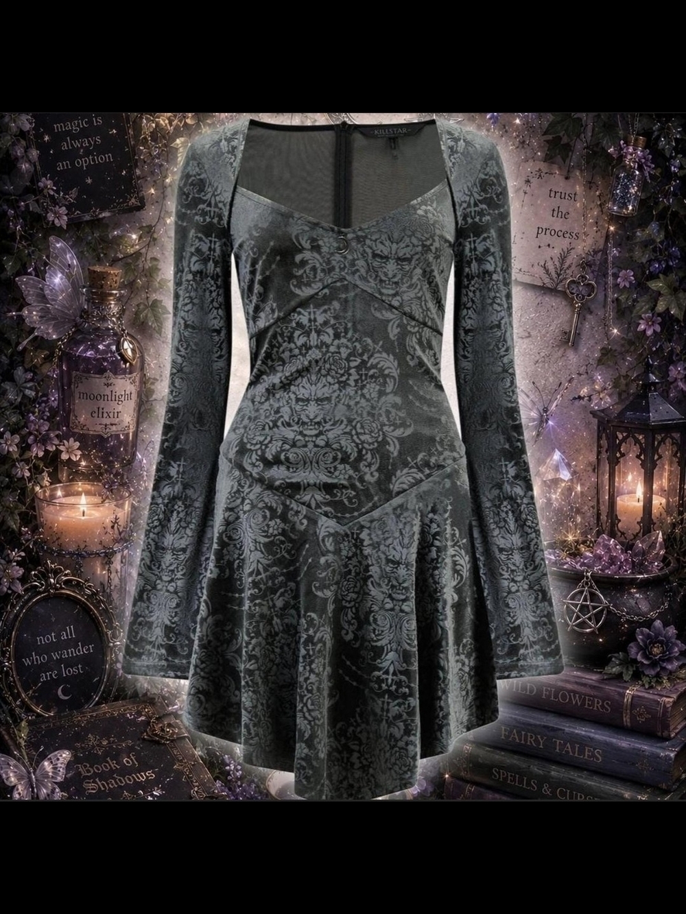 KILLSTAR Velvet Gothic Fit-and-Flare Dress in Dark Gray